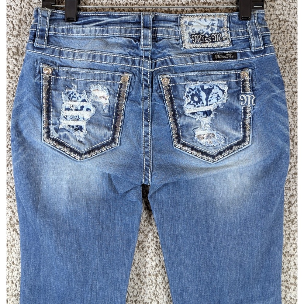 Miss Me Mid Rise Bootcut Jeans Women's Size 29x29.5 (Tag 27) Blue Embellished